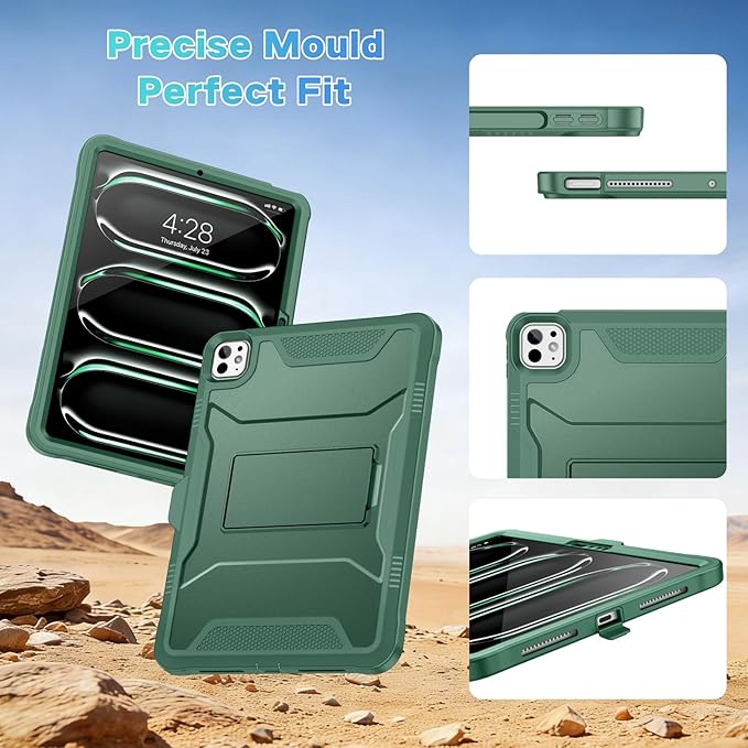 Soke Case for iPad Pro 11 Inch (M5) 2025/ (M4) 2024, with Built-in Screen Protector & Kickstand, Rugged Full Body Heavy Duty Protective Cover with Pencil Holder - Midnight Green
