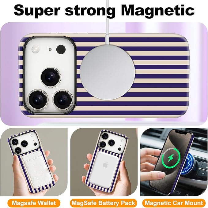 Magnetic for iPhone 17 Pro Case Cute Stripes Phone Case, Shockproof Slim TPU and Hard PC Protective Phone Cover Compatible with MagSafe Designed for Women Girls, Deep Purple