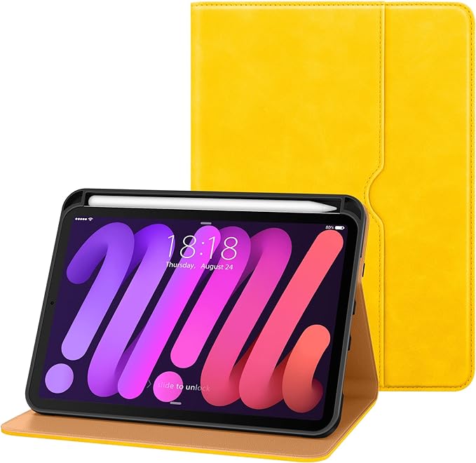 DTTO for iPad mini 7th (A17 Pro) 2024/iPad Mini 6th Generation Case 2021 8.3 Inch, Premium Leather Business Folio Stand Cover for Mini 7/6 with Pencil Holder-Multiple Viewing Angles, Yellow