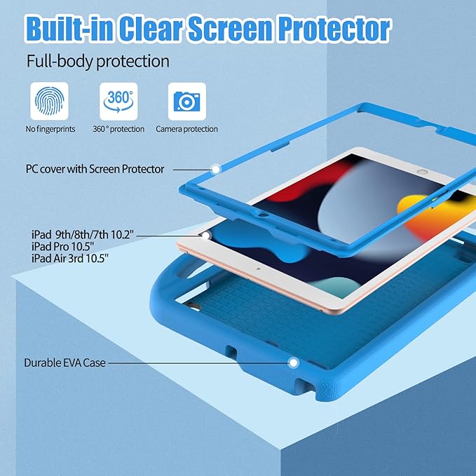 Kids Case for iPad 10.2 & 10.5, iPad 9th/8th/7th Generation 10.2" 2021 2020 2019 Case with Screen Protector, iPad Air 3rd Gen/Pro 10.5 inch Protective Cover with Handle Stand, Blue