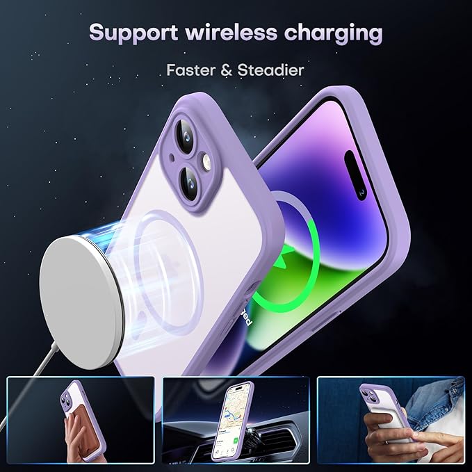 TOCOL Magnetic for iPhone 14 Case, Upgraded Full Camera Protection, Compatible with Magsafe, Drop Protection, Translucent Matte Back Bumper Phone Cover 6.1-Inch (Light Purple)