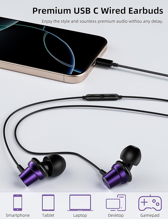 USB C Headphones for iPad A16 11 10 Noise Canceling in-Ear Wired Earbuds with Mic Volume Control Type C Earphone for iPhone 17 Pro Max 16e 16 15/Samsung S26 S25 S24 S23 Flip A17/Pixel 9 9a 10/Android
