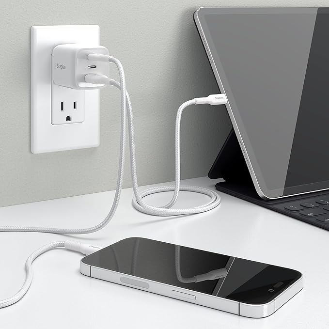 Staples TECH GaN Wall Charger, 65W – USB‑A & USB‑C Fast Charging, Includes Charging Cable, Compact Power Adapter for iPhone, Samsung, iPad & USB‑C Devices