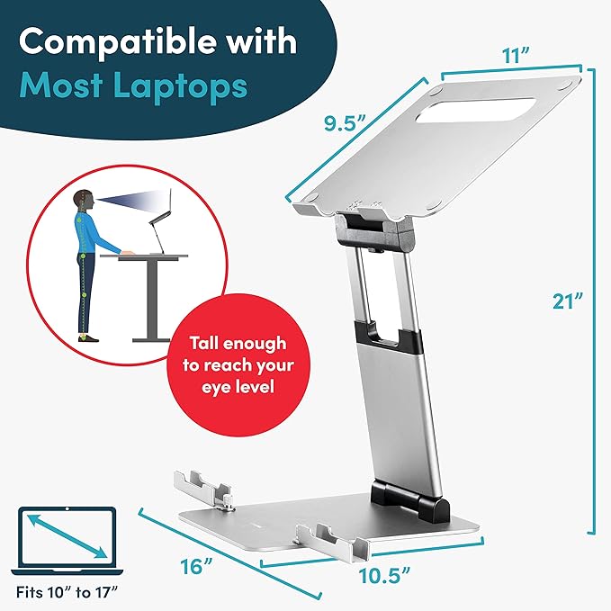 Lifelong Adjustable Laptop Stand for Desk, Ergonomic Aluminum Laptop Riser, Portable Foldable Computer Stand, Height up to 20”, Fits 10-17” Laptops for Desk-Mounted with Phone & Tablet Holder