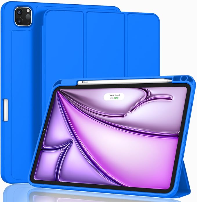 ZryXal New iPad Air 13 Inch Case M3 2025/M2 2024 with Pencil Holder, Trifold Stand Smart Case with Soft TPU Back,Auto Wake/Sleep(Medium Blue)