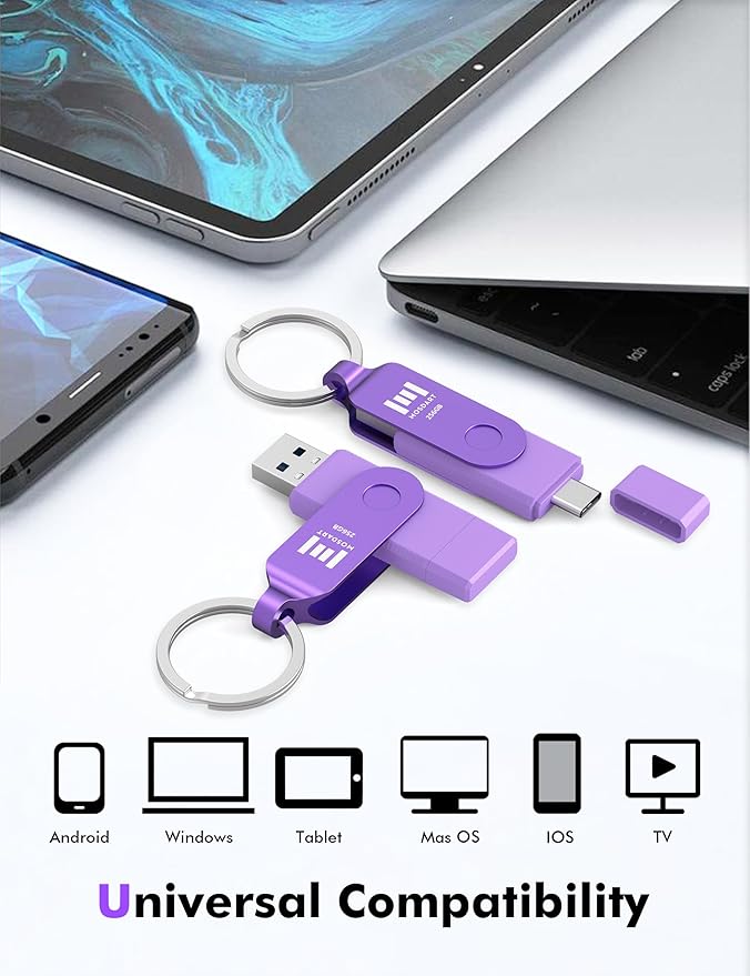 MOSDART 256GB USB C 3.2 Fast Speed C and A Dual Flash Drive, exFAT Memory Stick with Keychain and LED Indicator, for iPhone 15,16,17, Android Phone, iPad, MacBook, and Other Laptops, Purple