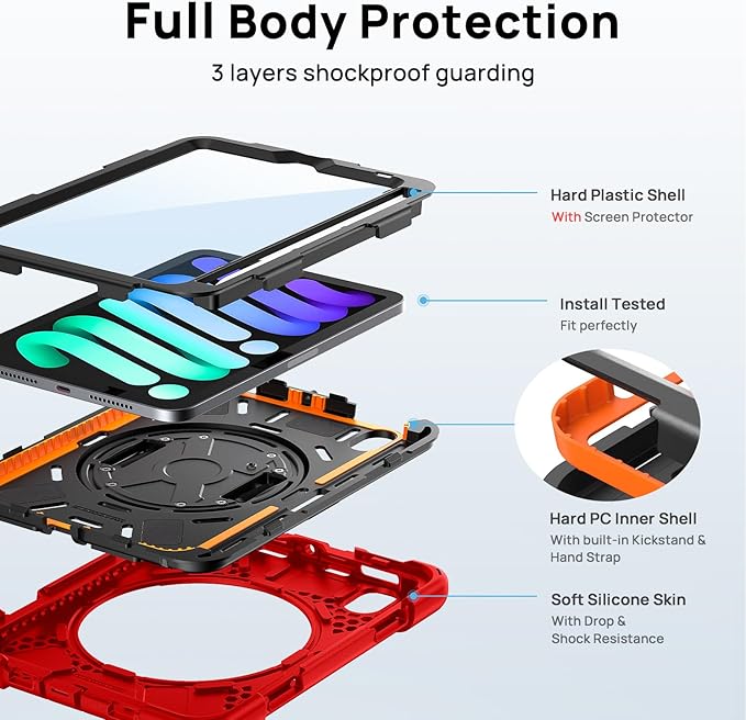 Gerutek Case for iPad mini 7 (A17 Pro) 2024/Mini 6 2021 8.3 inch, Shockproof Cover for iPad mini 7/6th Generation with Screen Protector, 360° Rotating Stand, Hand/Shoulder Strap, Pencil Holder-Red