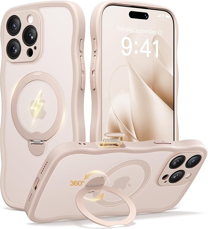 CAPRARO for iPhone 16 Pro Max Case with 360° Spin Magnetic Stand for Women, [Compatible with MagSafe] [Full Camera Protection] Cute Wave Translucent Matte Case for iPhone 16 Pro Max, Rose Gold