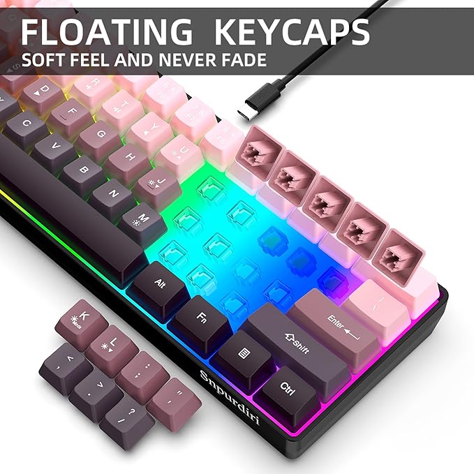 Snpurdiri 60% Wired Gaming Keyboard, 61 Keys RGB Backlit Ultra-Compact Small Gaming Keyboard, for PC/Mac Gamer, Typist, Travel, Easy to Carry on Business Trip (Pink-Black)