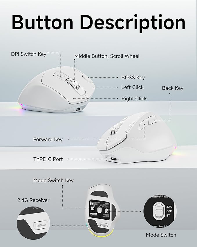 EWEADN C2 Ergonomic Wireless Mouse, 2.4G & Bluetooth Mouse for Laptop, Silent Click Dul-Mode Rechargeable Computer Mouse, 5 DPI Levels Optical Mice with RGB for Laptop, PC, Mac, Windows - Black
