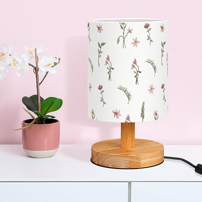 VIHOSE Boho Floral Bedside Table Lamp Vintage Nightstand Lamp with Linen Fabric Shade Solid Wood Base Decoration for Kids Living Room Bedroom Desk Dorm
