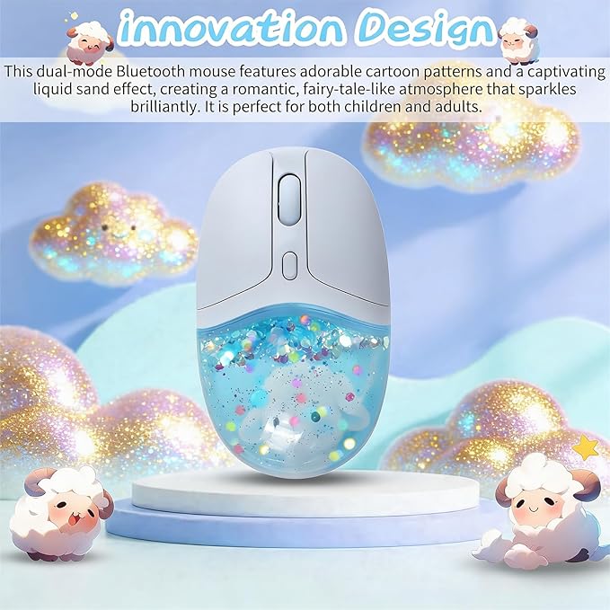 elec Space Wireless Bluetooth Mouse -Cute Clear Aqua Design, Glitter Liquid Sand Water Mouse with Optical Precision, Silent Clicks, LED Breathing Light,Transparent Retro Style for Home Office (Blue)