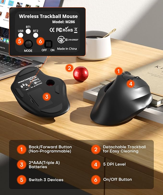 Ergonomic Wireless Trackball Mouse, 3 Device Connection (Bluetooth or 2.4G USB Receiver) Bluetooth Quiet Computer Mouse, 2*AAA Battery Thumb Laptop Mice with 5 Level DPI for PC/Laptop/Mac/Windows Red