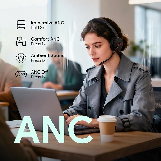 Yealink BH74 ANC Bluetooth Headset with Microphone for Hybrid Work, Microsoft Teams Premium Open Ofﬁce Certified Headsets with 6-mics Active Noise Cancellation, Zoom Certified, 65H Battery