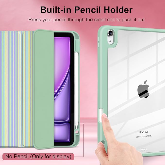 Case for iPad Air 13 inch 2026 M4 2025 M3 2024 M2 Release with Pencil Holder - Cute Preppy Design Trifold Cover with Soft TPU Bumper Clear Back Auto Sleep/Wake for Girls Women, Lines Green