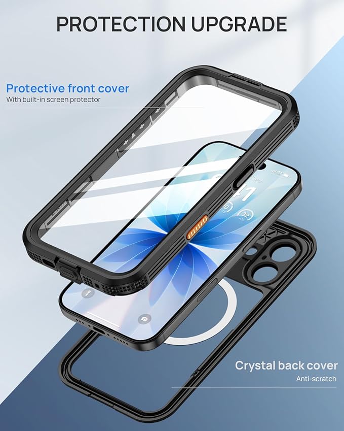 Lanhiem Magnetic for iPhone 17 Case, IP68 Waterproof Dustproof Case, [Compatible with Magsafe] [Built-in Screen Protector] Full Body Heavy Duty Rugged Phone Cover 6.3 inch, Black/Clear
