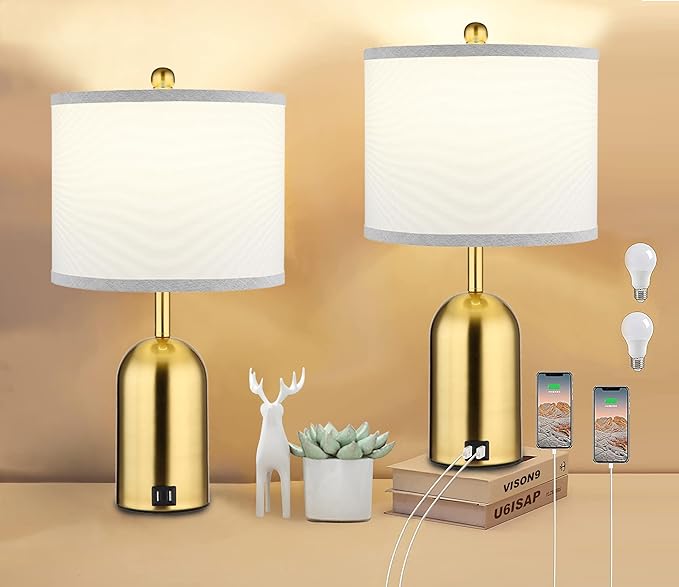 Ldeco Touch Dimmer Table Lamp for Bedroom,Bedside Lamp with USB Port Elegant Nightstand Lamp with Fabric Shade,Gold Modern Desk Lamp for Living Room,Office,Bulb incl. (Modern)