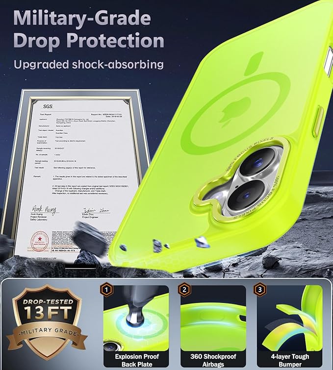 Newfuture Magnetic for iPhone 17 Case [Compatible with Magsafe] [Military Grade Drop Protection] Translucent Matte Anti-Scratch Shockproof Protective Phone Cover 6.3 Inch, Fluorescent Green