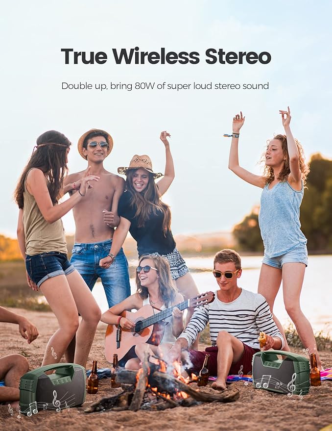 IPX7 Waterproof Outdoor Bluetooth Speaker, Wireless, 90W(Peak), 32H Playtime, Floating Design, Deep Bass & Loud Stereo Sound, Portable with Handle, Rugged for Pool, Beach, Kayaking, Hiking, Green