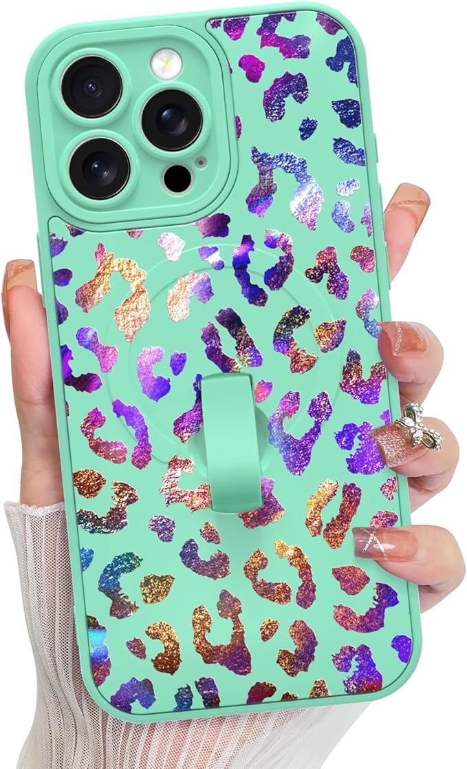 KANGHAR Compatible with iPhone 15 Pro Case, Support for MagSafe, Silicone Cute Iridescent Leopard Cheetah Pattern, Wristband Kickstand Shockproof Protective Slim Cover for Women Girls, Green