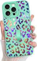 KANGHAR Compatible with iPhone 15 Pro Case, Support for MagSafe, Silicone Cute Iridescent Leopard Cheetah Pattern, Wristband Kickstand Shockproof Protective Slim Cover for Women Girls, Green