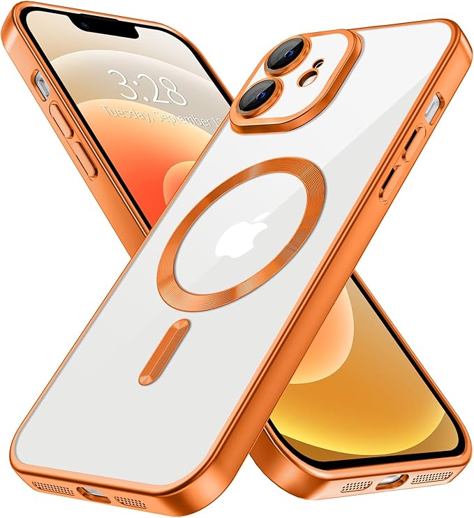 Hython Magnetic Clear for iPhone 12 Case with Camera Lens Protector [Compatible with MagSafe] Luxury Plating Edge Slim Soft TPU Cover Protective Phone Case for iPhone 12 6.1", Matte Orange