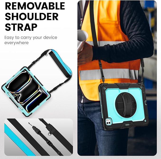 timecity Case for iPad Pro 13 Inch M5 2025 / M4 2024, 360° Rotating Stand, Pencil Holder & Wireless Charging, Shockproof with Screen Protector & Shoulder Strap - for Designers & Professionals, Blue