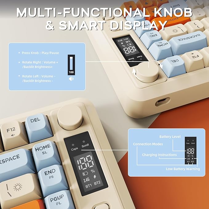 FREEWOLF M75 Wireless Mechanical Feel Gaming Keyboard Bluetooth/2.4Ghz Membrane with Knob & OLED Display Rainbow Backlit Gradient PBT Keycaps 2000mAH Battery Anti-Ghosting-Blueberry