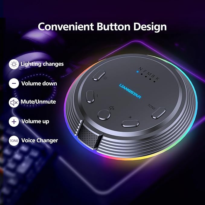 LIANGSTAR Gaming USB Microphone with 5 Voice Changes, Mute Button, Desktop Podcast Mic, Volume Control, RGB Condenser Computer Microphone for PC Gamer, YouTube, Streaming, Conference, Class
