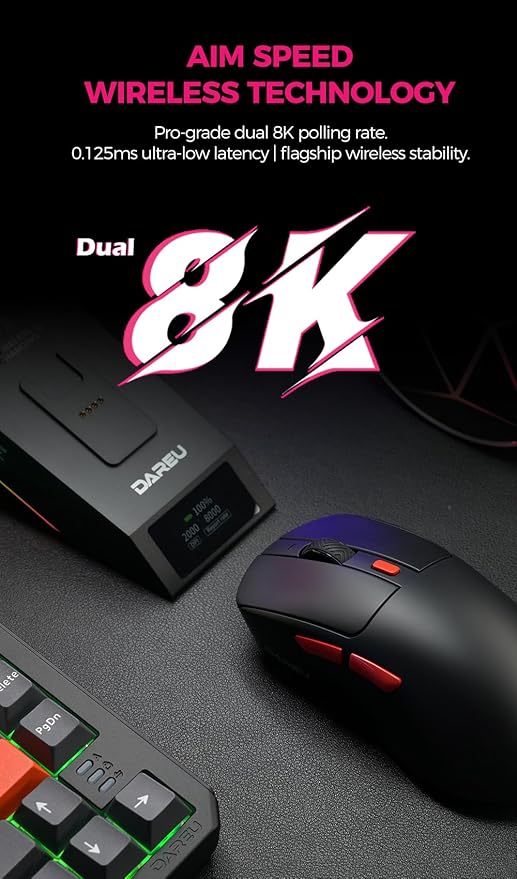 DAREU AE7 Pro Wireless Gaming Mouse with Charging Dock, 8K Polling, 30K DPI Custom P3950 Sensor, 62g Lightweight Right-Handed Mouse w/Tri-Mode connectivity,6 Programmable Buttons