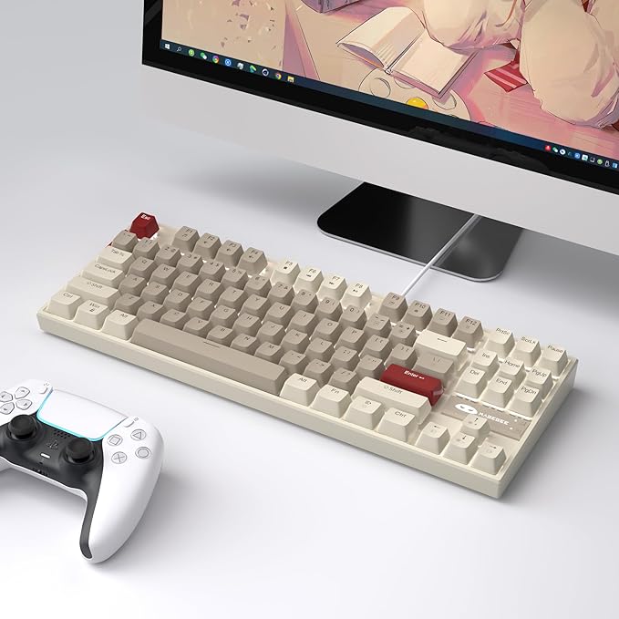 MageGee 75% Mechanical Gaming Keyboard, Brown Switch, LED White Backlit, 87 Keys Compact TKL Wired Computer Keyboards for Windows Laptop PC Gamer - Retro Grey/White