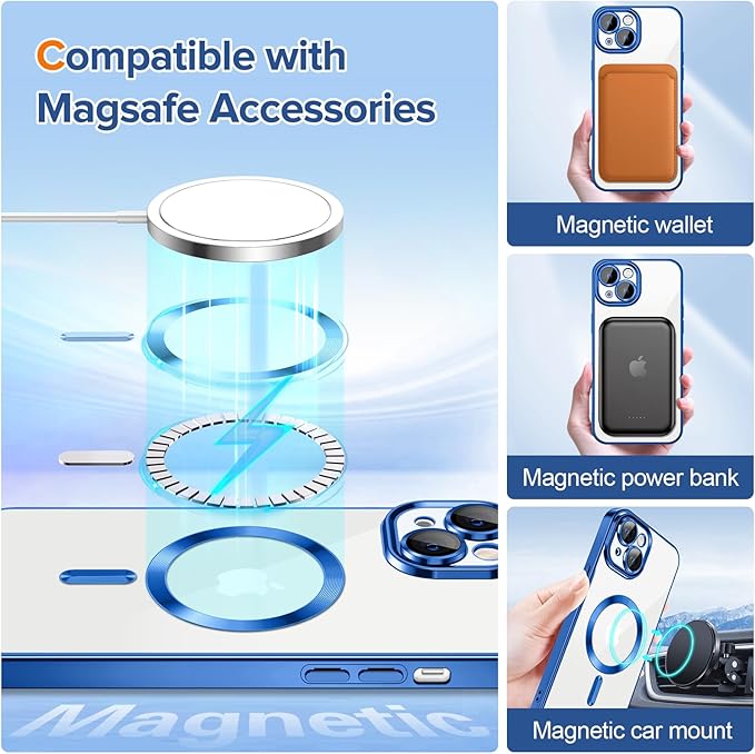 Hython Magnetic Clear for iPhone 13 Case with Camera Lens Protector [Compatible with MagSafe] Luxury Plating Edge Slim Soft TPU Cover Protective Phone Case for iPhone 13 6.1", Deep Blue