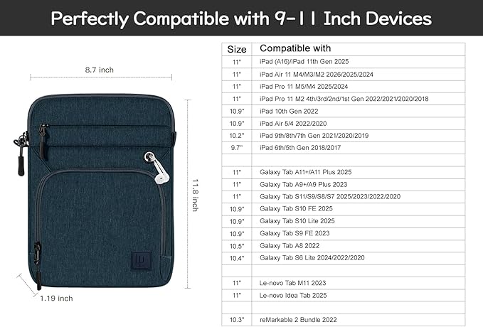 Dadanism 9-11" Tablet Sleeve Bag with Shoulder Strap for iPad (A16) 11", iPad Air M4 Pro M5 11", iPad 10th Gen 10.9", iPad 9/8/7th Gen 10.2", Galaxy Tab A11+ Plus 11", reMarkable 2 10.3", Indigo
