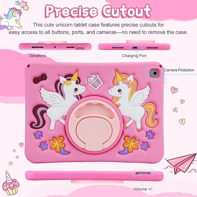HianDier for iPad 9th Generation Case/iPad 8th Generation Case/iPad 7th Generation Case Cute Unicorn Silicone Tablet Cover with Detachable Strap and Rotatable Stand Shockproof Cover-Rose Pink