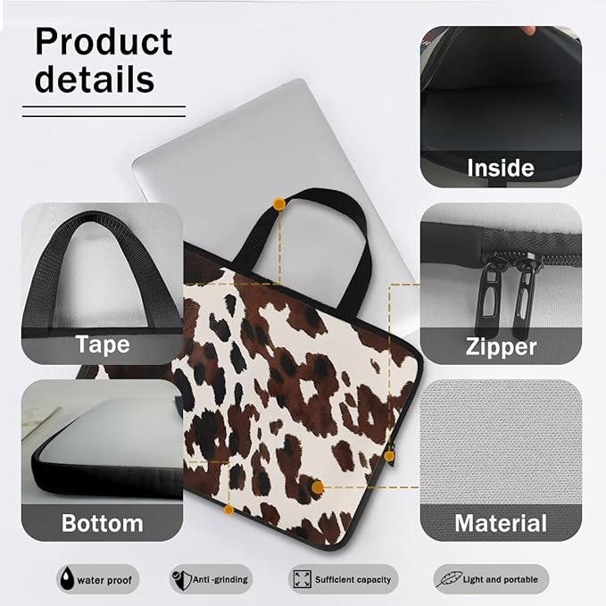 Cow Print Brown 17 Inch Laptop Sleeve, Laptop Cover Computer Bag Tablet Carrying Case with Handle, Waterproof Zipper Tote Bags Notebook Sleeves Handbag Messenger Briefcase