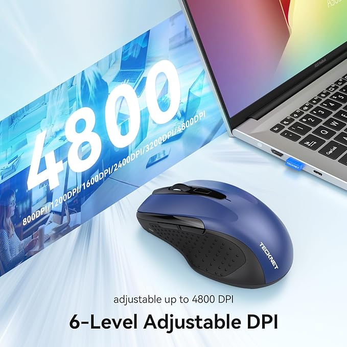 TECKNET Rechargeable Jiggler Wireless Mouse (BT5.0/3.0 & 2.4G) 4800 DPI Silent USB A & Bluetooth Mouse 6 Buttons, Wide Compatibility - Blue