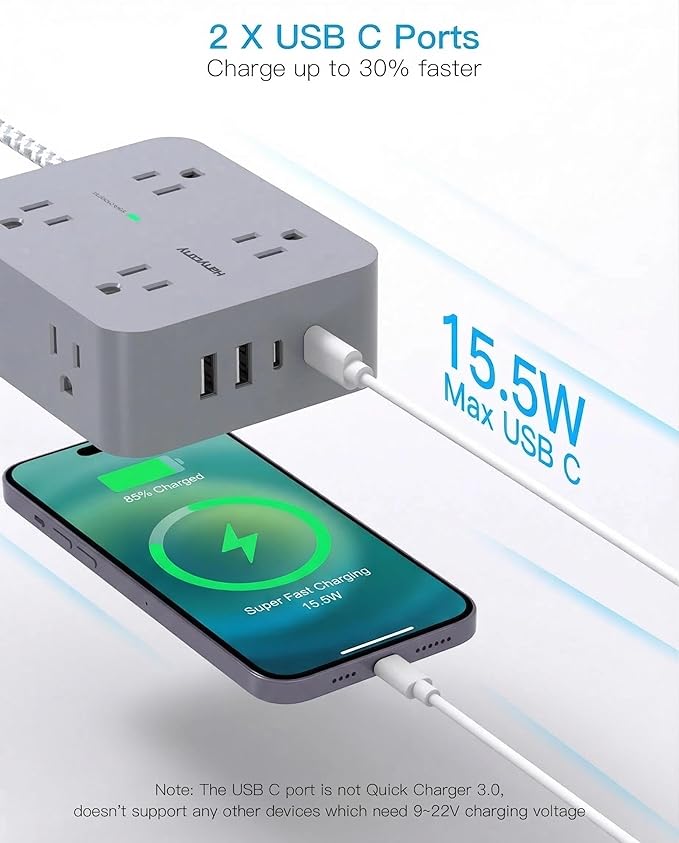 HANYCONY 6 Ft Surge Protector Power Strip with USB C, Extension Cord with 8 Outlets 4 USB Ports(2 USB C), Flat Plug, Wall Mount, 3 Side Outlet Extender for Home Dorm Room Essentials, ETL Listed