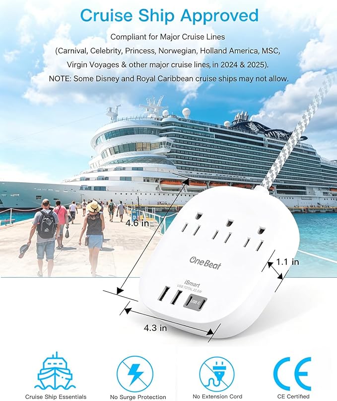 Cruise Ship Travel Essentials, 22.5W/4.5A Flat Plug Power Strip, 1Ft Short Extension Cord, 3 Outlets 4 USB Ports (2 USB C) Cruise Approved Power Strip No Surge Protection, Desktop Charging Station