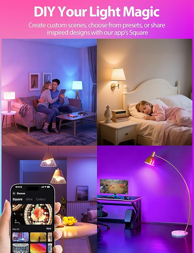 Smart Light Bulbs, Work with Alexa & Google Assistant, 9W LED Light Bulbs Color Changing RGBTW Dimmable, 2.4GHz WiFi Bluetooth Smart Bulb 60W Equivalent, APP Control, A19, E26, 800LM, 2 Packs