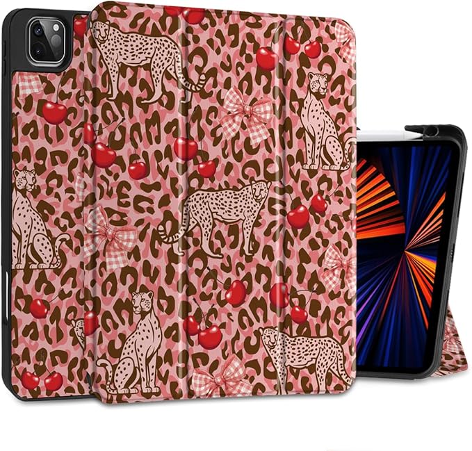 DONGKE Case for 2022/2021/2020/2018 iPad Pro 11 inch Gen 4/3/2/1 - Slim Protective Case - Built in Pencil Holder Support Charging - Trifold Stand & Sleep/Wake Cover- Cheetah Bow