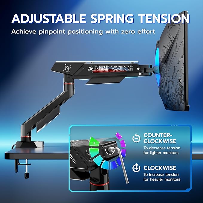 ARES WING Heavy Duty Single Monitor Arm, Fully Adjustable Single Monitor Mount for 17-40 Inch Flat Curved Ultrawide Screens Up to 26.5lbs with USB A/C, C-Clamp & Grommet Base, 75/100 Vesa Mount, Black