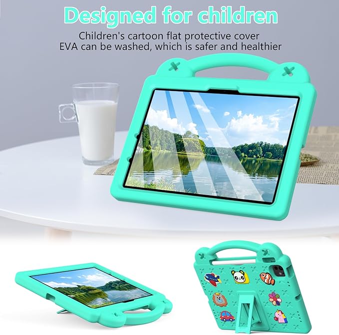 Dteck Case for iPad Air 13",iPad Pro 13" 2024 M4 Kids Case,iPad Pro 12.9 Case 6th/5th/4th/3rd Gen,Cartoon Panda Shockproof Rugged Lightweight Convertible Stand Handles Kids Friendly Case,Mint Green
