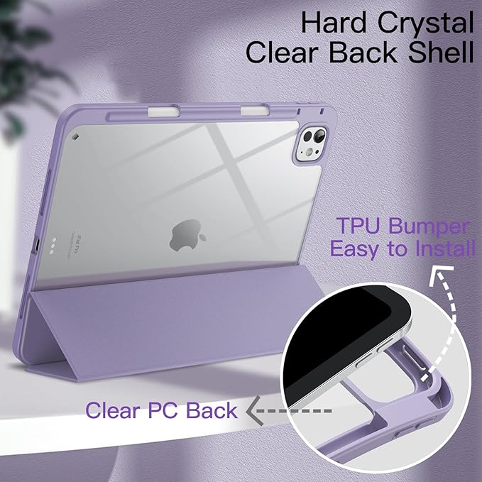 JETech Case for iPad Pro 11-Inch M5/M4 2025/2024 (6th/5th Generation) with Pencil Holder, Clear Transparent Back Shell Slim Stand Shockproof Tablet Cover, Auto Wake/Sleep (Purple)