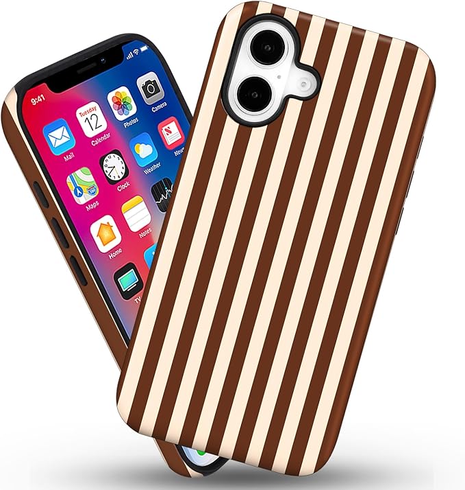 Magnetic for iPhone 16 Case Cute Stripes Phone Case, Shockproof Slim TPU and Hard PC Protective Phone Cover Compatible with MagSafe Designed for Women Girls, Brown