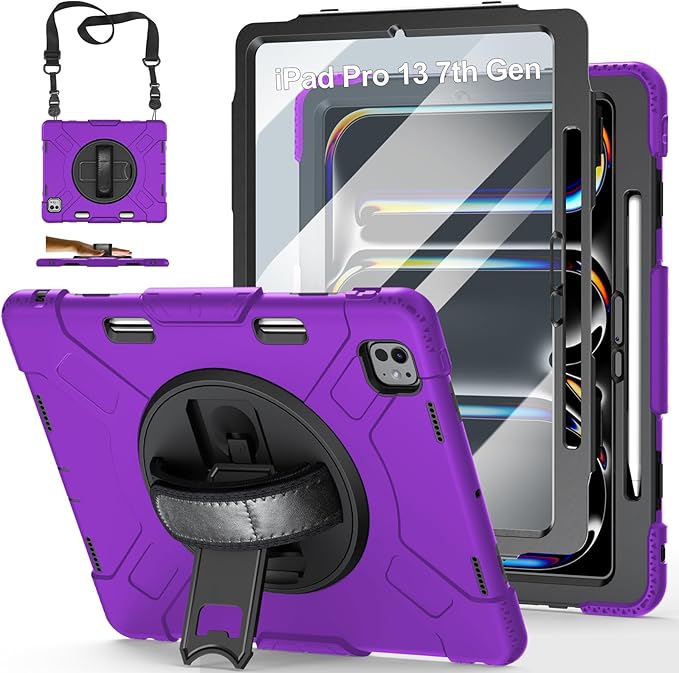 Case for iPad Pro 13 Inch M5 2025/ M4 2024: Military Grade Cover for iPad Pro 13" with Screen Protector - Stand - Handle - Shoulder Strap - Pencil Holder- Purple