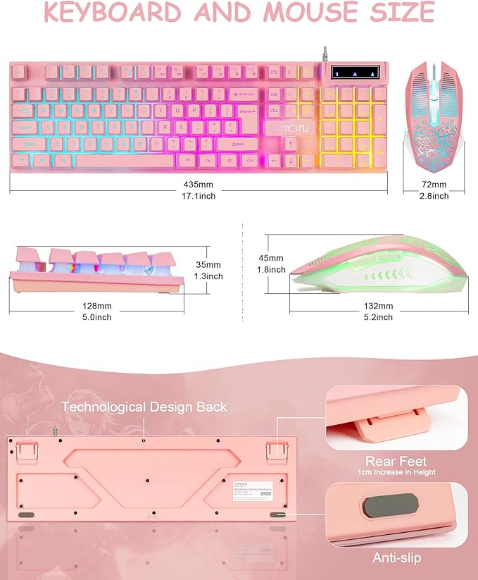 CHONCHOW Pink Gaming Keyboard and Mouse Combo with LED, 104 Keys Wired Light Up Pink Keyboard and Cute Mouse Set for PC Laptop Computer PS4 PS5 Xbox, 19 Keys Anti-ghosting, Multimedia Keys, Number Pad