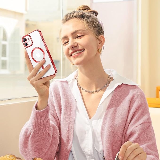 Hython Magnetic Clear for iPhone 12 Case with Camera Lens Protector [Compatible with MagSafe] Luxury Plating Edge Slim Soft TPU Cover Protective Phone Case for iPhone 12 6.1", Red