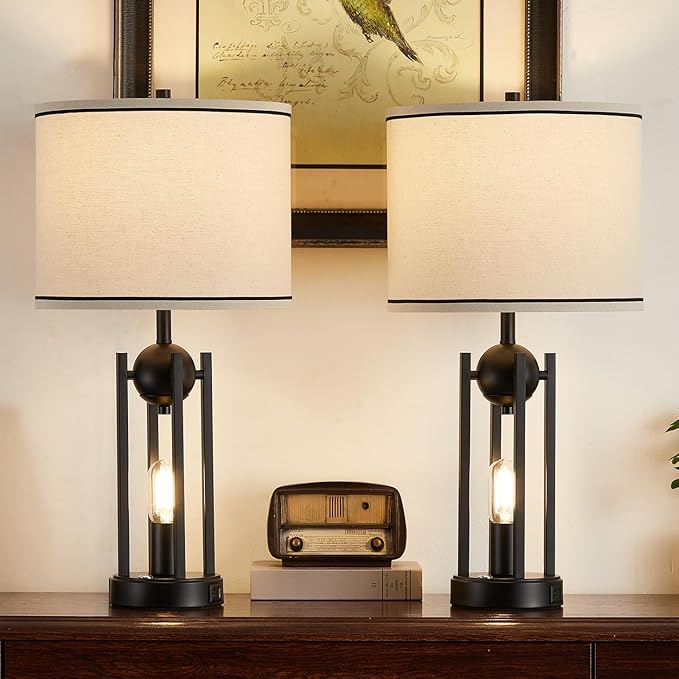 25'' Farmhouse Table Lamps for Living Room Set of 2 with USB C+A Ports, Vintage Bedside Lamp for Bedroom, Touch Lamps for Nightstand, Dual Lights Independent Switch, 4 Bulbs Included, Black