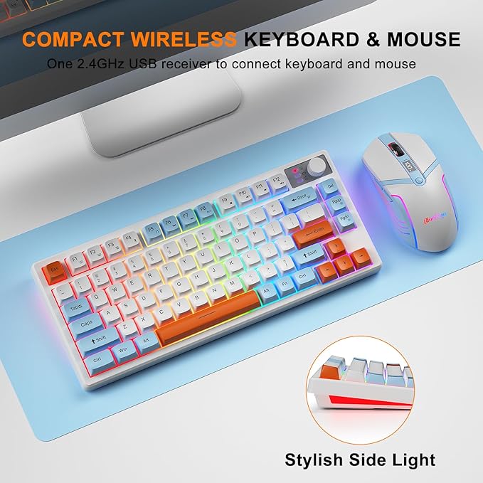 BlueFinger 75% Wireless Gaming Keyboard and Mouse with Smart Display, Rechargeable Light Up Wireless Keyboard with Knob Control, RGB Backlit Gaming Mouse for Mac Laptop Computer PC Gamer