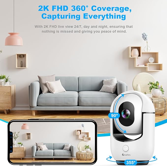 Cloarks 2K Pan/Tilt Security Camera, WiFi Indoor Cameras for Home Security with AI Motion Detection, Pet/Dog/Baby Camera with Phone App, 2-Way Audio, 24/7, Siren, TF/Cloud Storage, 2 Pack